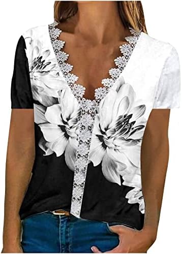 Camisa Floral Graphic Loose Fit for Womens Fall Summer Summer Short V Lace Spandex Brunch Tops Tees Ladies 2023