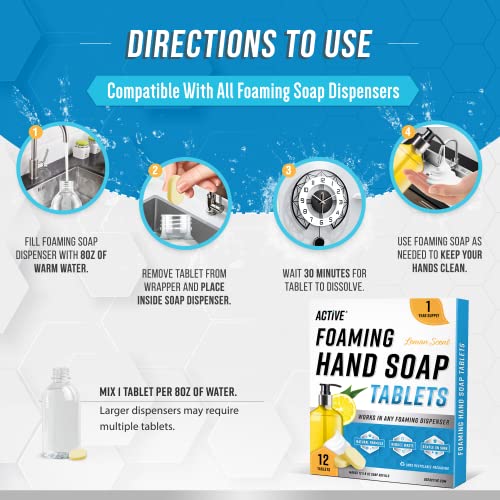 Reabastecimento de comprimido de sabo de sabonete para espuma - 12 comprimidos de lavagem à mão ecológicos, concentrado de lavagem de mãos com resíduos zero - equivalente a 96 fl oz de líquido - perfumado de limão