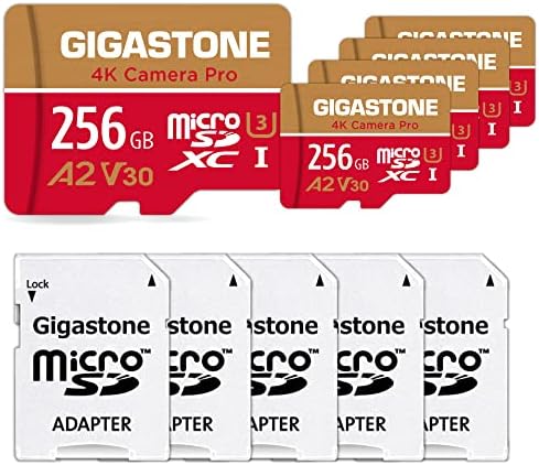 [Recuperação de dados gratuitos de 5 anos] Gigastone 256 GB MicroSD 5-Pack, 4K Camera Pro, A2 V30 para smartphone, GoPro, ActionCams, vídeo UHD 4K, Nintendo-Switch, até 100 MB/S, UHS-I U3 C10 com adaptadores com adaptadores