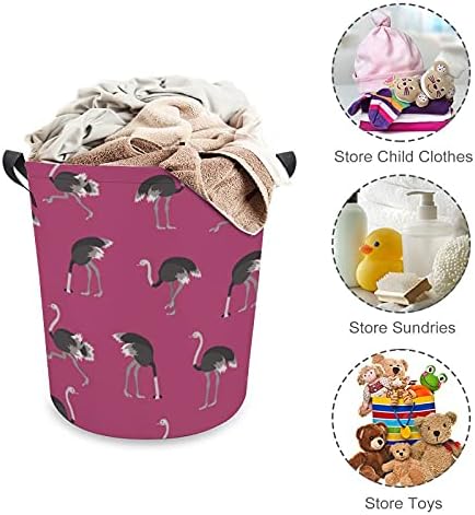 Bolsa de lavanderia de padrão de avestruz dos desenhos animados com alças cestas de armazenamento à prova d'água redonda