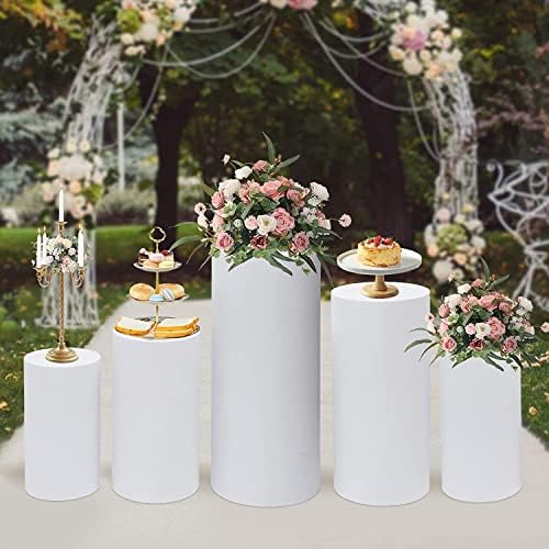 Boyidai 5pcs Round Cylinder Stand Pedestal Display, Cilindro Plinto de Casamento Props, Metal White Cylinder Pedestal