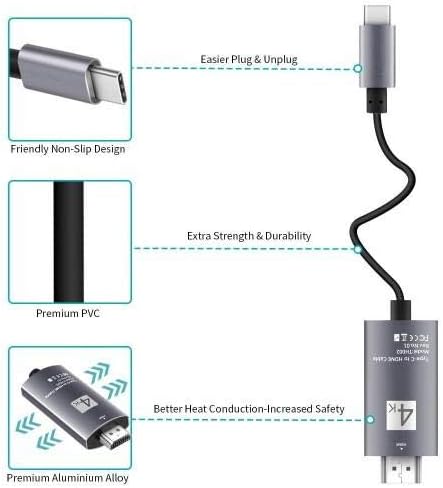 Cabo de ondas de caixa para Fotric 326m - Cabo SmartDisplay - USB tipo C para HDMI, Cabo USB C/HDMI para Fotric 326m - Jet Black