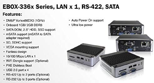 Mini Box PC EB-3362-L2B1C1G2P suporta saída VGA, porta RS-232 x 1, porta GPIO de 8 bits x 2, canbus x 1, porta mpcie x 1 e energia automática ligada. Possui 10/100 Mbps LAN x 1, 1 Gbps LAN x 1.