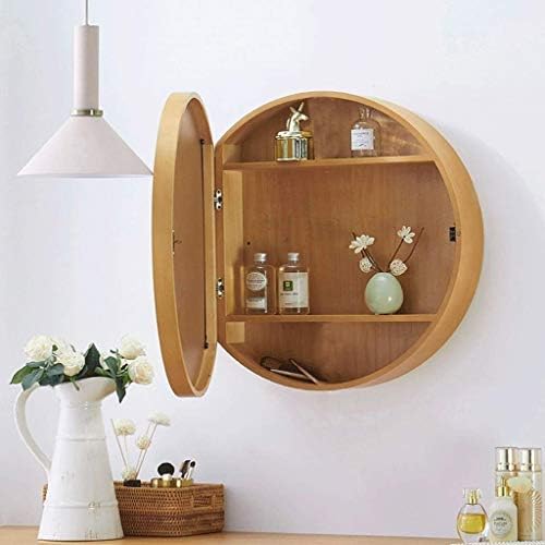 Armário de espelho de banheiro redondo SDK, armário de armazenamento de parede de banheiro armário de remédios com moldura de madeira de perto 3 nível