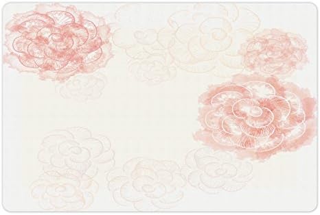 Tapete floral lunarável para comida e água, abstrato romântico Flores da primavera rosas aquarelas design esboçado arte vintage, retângulo de borracha sem deslizamento para cães e gatos, branco rosa pálido