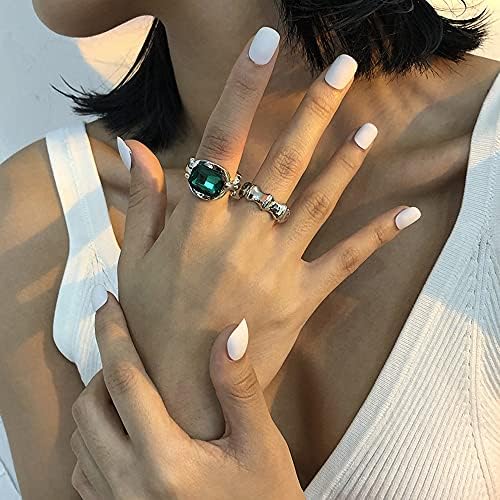 Wiwpar vintage 2pcs anéis grossos para mulheres oval de contas verdes anel de prata