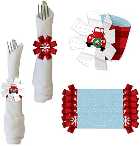 Big Dot of Happiness Little Little Christmas Tree - Red Truck Christmas Party Papel Holder - Rings de guardanapo - Conjunto de 24