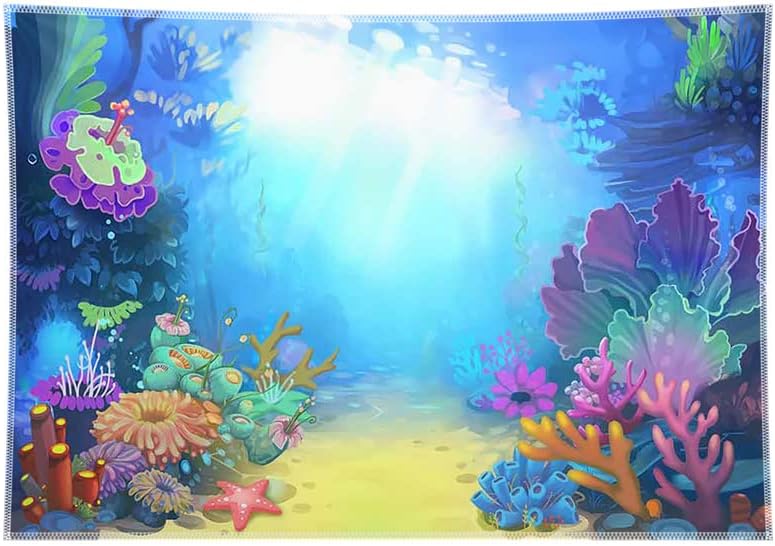 Zthmoe 8x6ft tecido verão sob o mar pano de fotografia Little Mermaid Princess Girl Bordar Birthday Party Ocean Baby Shower