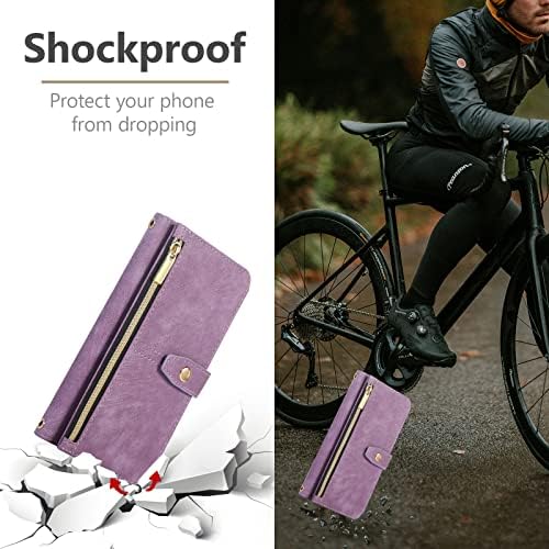 Caso uebai para iPhone 11 6,1 polegadas e 9 slots de cartão retro Carteira de couro Choque à prova de choque com alça de mão Slots de cartão zíper Pocket Kickstand Bolsa Bolsa Fechamento magnético - Retro Purple