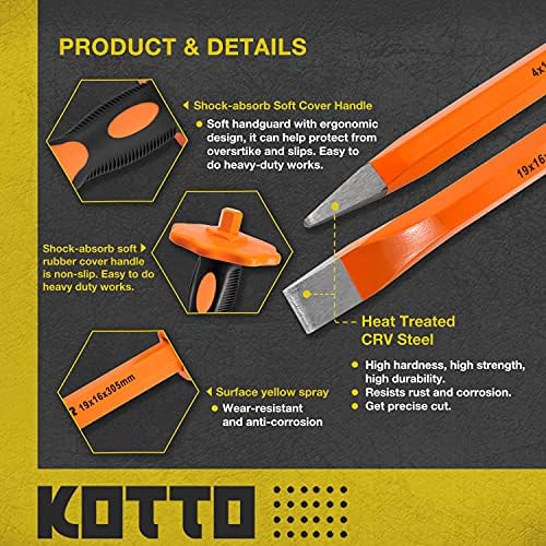 Kotto 2 Pacote de formação pesada de 12 polegadas definida com proteção à mão, cinzel de pontos e cinzel plano para demolir/alvenaria/escultura/disjuntor