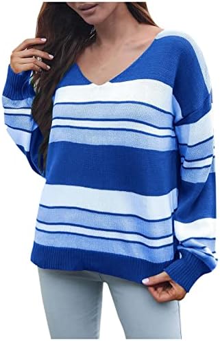 Roupas de outono feminino Fashion Fashion Gradiente listrado Swester de suéter de manga longa de decote em V
