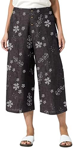 Botões de linho de perna larga de Wocachi Womens larga Botões de cintura alta Floral Flowy Summer Bootleg Beach Cropped calças com bolsos