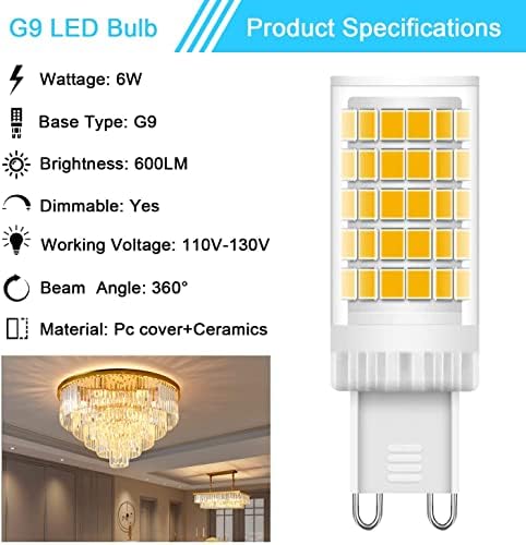 Lacnooe g9 lâmpada LED diminuído, lâmpada de halogênio T4 G9 equivalente a 60 watts, 3000k Branco quente, 6 pacote G9 Lâmpadas lustres de LED LED, Base de Cerâmica Bi Bi, CRI85 120V 6W 600 lúmen 360 ° ângulo de feixe