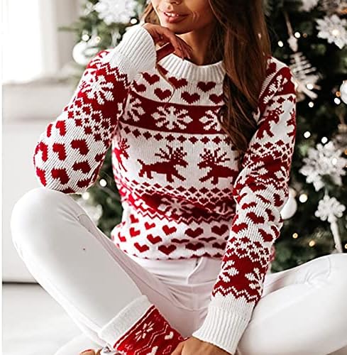Camisinho de Natal feio feminino Moda redonda pescoço de mangas compridas de manga longa Camisola de floco de neve