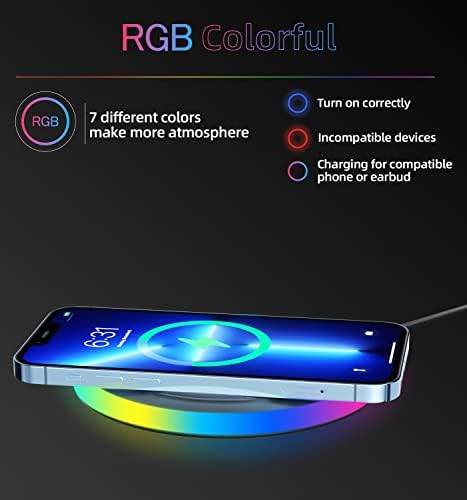 Almofada sem fio carregador, 15w máximo de rápida RGB RGB sem fio compatível com iPhone 14/14 Plus/14 Pro/14 Pro Max/13/13 mini/se 2022/12/11/x/8, Samsung Galaxy S22/S21/S20, AirPods 3 2 Pro Black