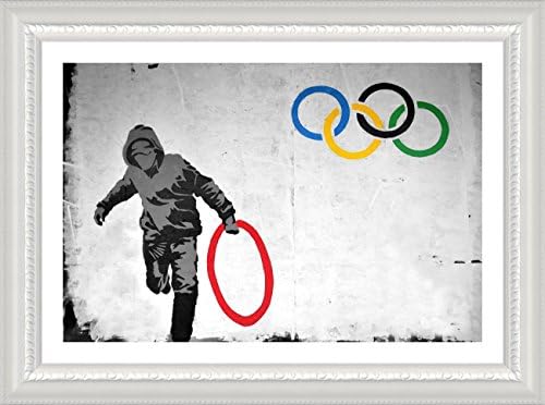ALONLINE ART - RINGS OLYMPICEL LONDRES POR BANKSY | Imagem emoldurada branca impressa em tela algodão, anexada à