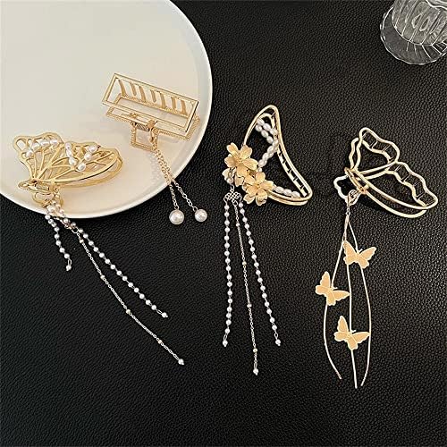 N/A Hollow Out Metal Hair Garra Pearl Tassel Hairpins para Mulheres meninas Vintage Acessórios para cabelos de jóias de jóias geométricas