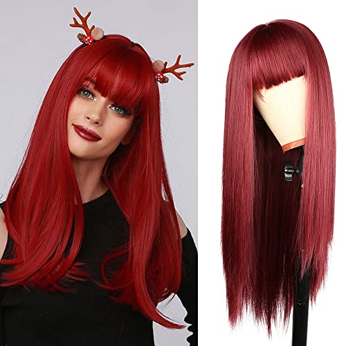 Lansa Borgonha Redlong Straight Wig com franja 30 polegada Resistente ao calor Natural Wig Synthetic com franja para mulheres