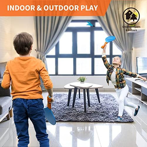 Paddle Ball Game Indoor Outdoor Games Atividades - Para crianças adolescentes adolescentes e conjunto de brinquedos de esportes familiares - 4 raquetes, 10 passarinhos, bolsa de transporte - para praia, quintal e jogo de gramado