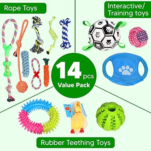 Procure N Chew Dog Toy Box -14 Pacote com brinquedos de corda, alimentador lento de mastigar, materiais não -tóxicos duráveis, ideais para dentição, filhotes, tédio, mastigadores agressivos MulitColor