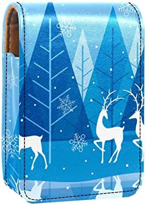 Natal de inverno florestal azul fundo com rena de batom de rena com espelho lip brighsher bipbom bipculk caixa de armazenamento de viagem bolsa de maquiagem mini -couro bolsa cosmética segura 3 batom de batom