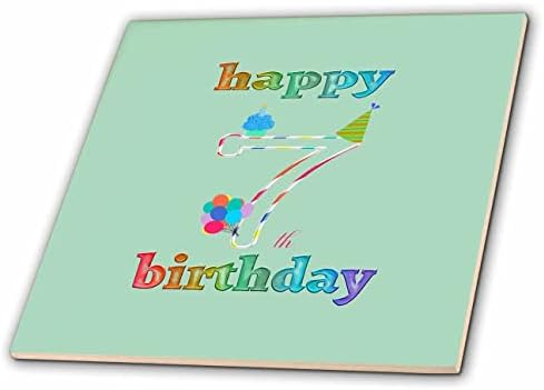 3drose feliz 7º aniversário, cupcake com vela, balões, chapéu, colorido - azulejos