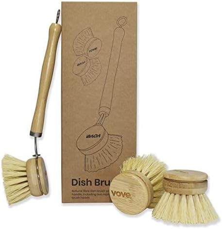 Vove | Escova de prato de bambu | Escova duradoura com 3 cabeças de substituição | Cerda natural | Ecológico | Escova de prato de madeira para lavar e limpar a panela de panela de prato |