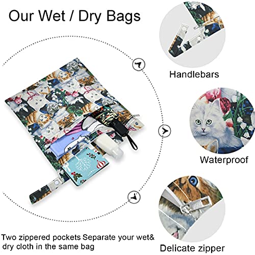 VISESUNNY VINTAGE CAT PERAL 2PCS SACO molhado com bolsos com zíper Bolsa de fraldas salateadas reutilizáveis ​​para viajar,
