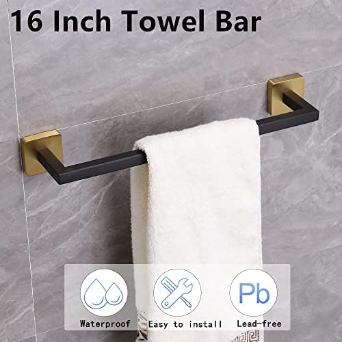 NTIPOX 4 peças pretas e escovadas de hardware de banheiro de ouro Conjunto de acessórios de hardware, aço inoxidável quadrado de 16 barra de toalha de mão Conjunto de ouro, toalhas de toalhas montadas na parede…