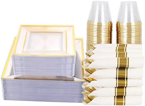 Utensílios quadrados de plástico de plástico ouro 350 PCs, placas de plástico de ouro descartáveis, inclui: 50 placas de