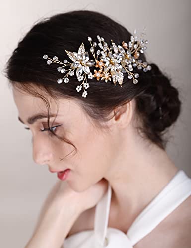 Chargances Wedding Crystal Flower Hair Pente para mulheres Pérolas de peregramento de pérolas pente lateral de pente lateral de folhas de flores Via Vinha combinada Rhinesotne Cabeças