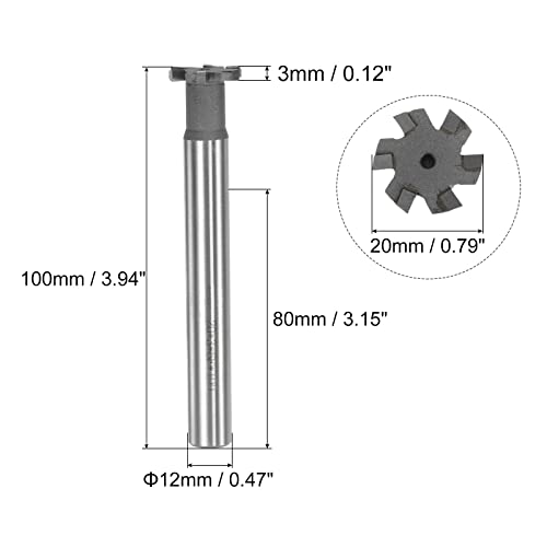 Cortadores de moagem UXCELL T-SLOT, 3mm de profundidade de 20 mm de corte dia 12 mm de tungstênio tungstênio ponta 6 flautas t