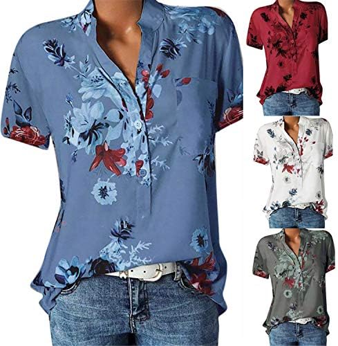 Botão de decote em V feminino Plus Tamanho Floral Impresso T-shirt Gradiente de mangas curtas Túnicas de top