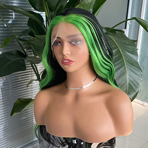 Cocofans Black Long Wave Synthetic Lace Front Wigs para mulheres com destaques verdes Parte média Parte de linha do cabelo natural