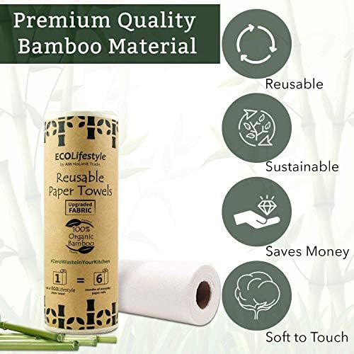 Toalhas de papel de bambu reutilizáveis ​​em Ecolifestyle | 1 rolo de toalhas de papel laváveis ​​com 20 folhas | Rolos