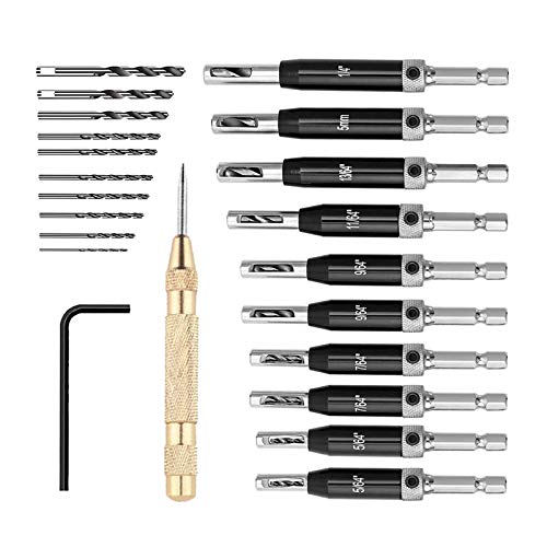 22PCS Conjunto de brocas de dobradiça automática, perfurador de orifício de núcleo de toque de dobradiça automático 5/64 '' 7/64 '' 9/64 '' 11/64 '' 13/64 '' 5mm 1/4 '' e 1 PCS Hex Hex Tecla e 10 PCs Substituição Bits de perfuração +1 punção central