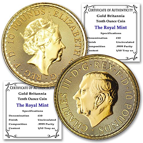 2023 Conjunto de 1/10 oz de ouro britânico Britannia Coins Brilliant Uncirculsed com certificados de autenticidade 24k 10 £ BU