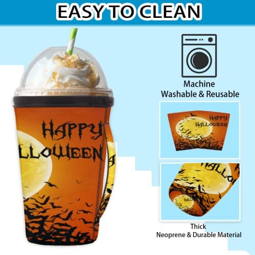 Happy Halloween Lua cheia de morcegos reutilizáveis ​​de café gelado com manga de neoprene para refrigerante, café com leite, chá,