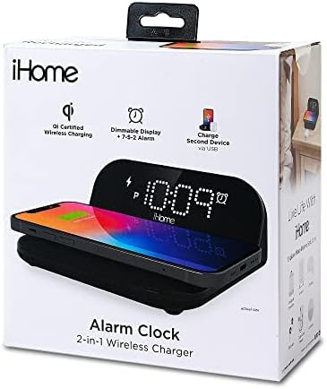 Despertador de Ihome com carregamento sem fio, carregador de iPhone e carregador Samsung com carregador USB para dispositivos Apple e Android