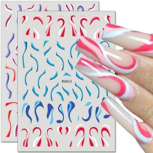 8 lençóis adesivos de unhas de onda francesa, decalques de unhas de onda auto-adesiva 3D, decalques de unhas da linha