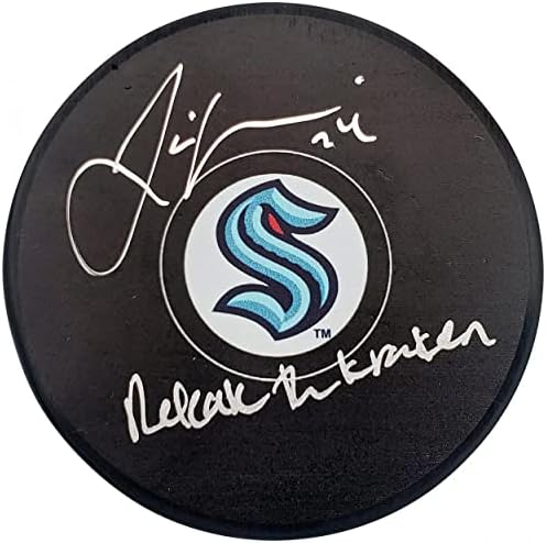 Jamie Oleksiak autografou o oficial oficial de Seattle Kraken Hockey Puck Libere o Kraken Fanatics Holo Stock #200859 - Autografado NHL Pucks