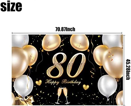 Decoração de festa de aniversário, bandeira de parabéns, ouro preto de 80º aniversário decorações, para mulheres e homens de festas de aniversário (70,87 x 45.28 polegadas