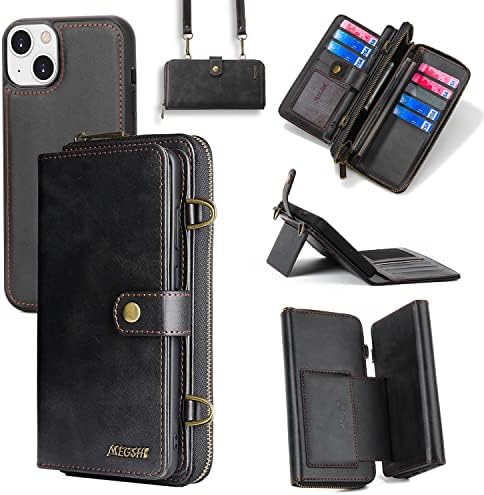 Compatível com iPhone 14 Plus 6,7 polegadas Caixa de carteira Crossbody Stap Stand Multifuncional 2in 1 Tampa de telefone magnética