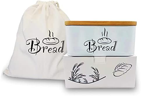 Caixa de pão de metal Ironix com tampa de bambu e saco de pão de pano-recipiente de pão reutilizável, detentor de pão,-tamanho