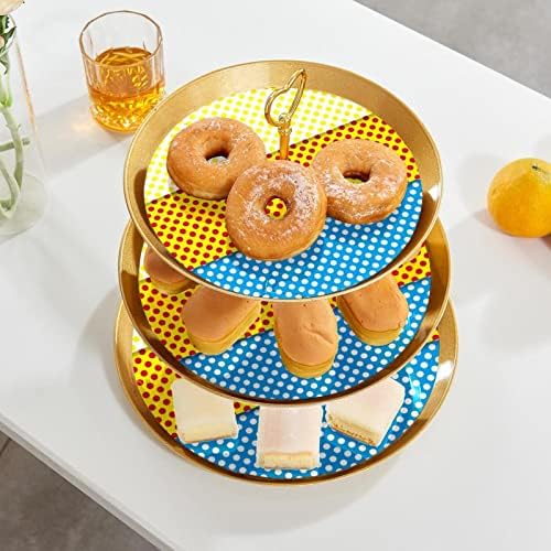 3 Placa de fruta de cupcakes de 3 camadas de sobremesa Plástico para servir suporte de exibição para casamento de aniversário Decorações de chá de chá de chá de bebê redondo, padrão de bolinha azul amarelo