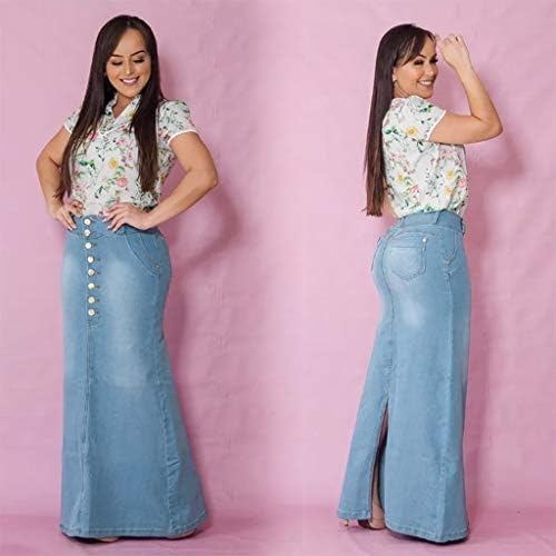 Salia Jean Maxi de tamanho grande para mulheres Saias da frente lavadas saia casual jeans jeans longa saia de botão feminina