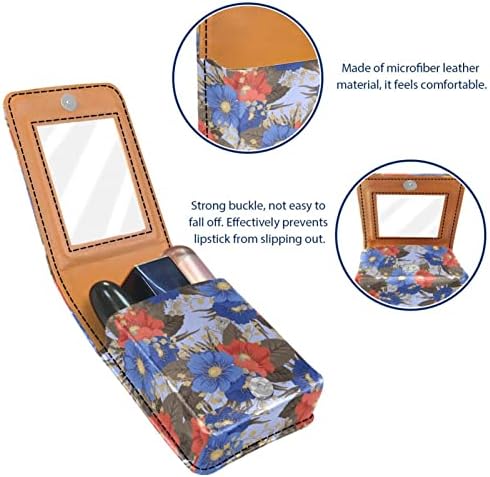 Padrão floral fundo azul Flores vermelhas Caixa de batom com espelho para bolsa Mini maquiagem Bolsa de maquiagem Bolsa cosmética Bolsa de couro porta -caixa