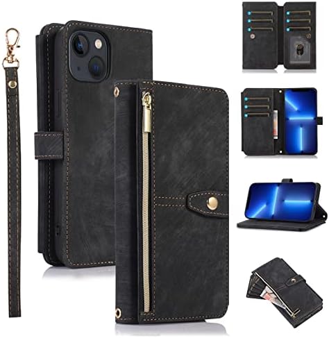 Furiet Compatível com iPhone 14 Plus 6,7 polegadas Caixa de carteira 9 slots de cartão retro Coloque de couro Retro Titular