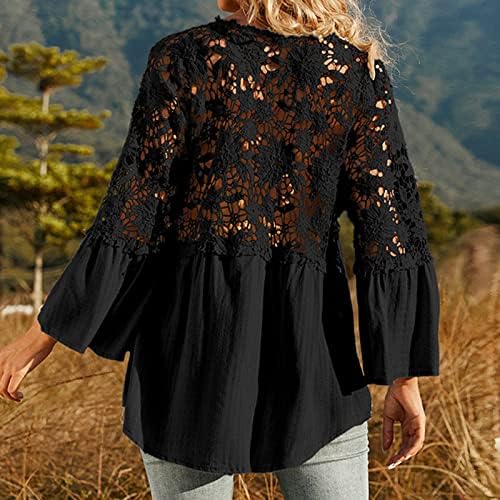 Mulheres soltas Fit Chiffon Tops Lace Patchwork V Neck Button Butter Sleeve Tees