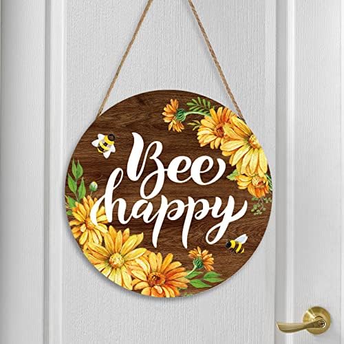 Tiamon abelha feliz primavera pendurada sinal sinal de madeira rústica por porta de madeira sinal de fazenda decoração de parede de abelha amarela para a primavera no verão em casa festa de cafeteria